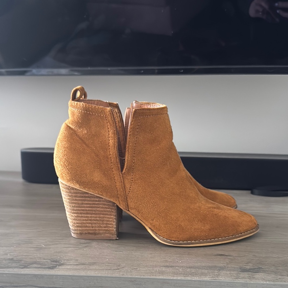 Tan Suede Ankle Booties with Stacked Heel